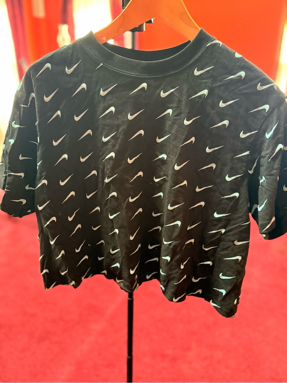 Nike Black Tee with Repeating Mint Swoosh Print